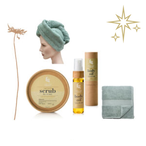 Cadeaupakket-face-bodyscrub-body-oil-haarhanddoek-gezichtsdoekje-Feeling-Goods-kerst